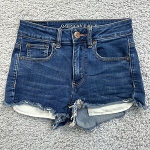 American Eagle Shorts Womens 2 Hi Rise Shortie Super Stretch Dark Wash Raw Hem